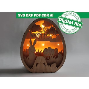 DXF, fichiers SVG pour boîte à lumière laser Egg Hunter, lapins de Pâques drôles, projet vectoriel, Glowforge, épaisseur du matériau 1/8 pouce (3,2 mm)