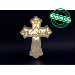 DXF, SVG-Dateien für Laser-Licht-Kreuz Ein Retter ist für Sie geboren, geschichtetes Ornament-Muster, Schattenbox, Led-Laterne, Material 1/8 '' (3,2 mm)