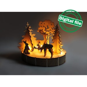 DXF, fichier SVG pour laser Woodland Winter Christmas Decoration, Base de podium illuminée, Hiver, Arbre, Forêt enchantée, Cerf, Lapin, Lièvre