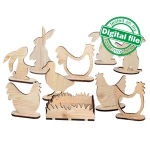 Fichiers DXF, SVG pour laser, gros lot de 10 décorations en bois de Pâques, coq, poulet, canard, lapin, mini plateau, deux épaisseurs de matériau