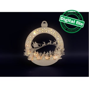 File DXF, SVG per ghirlanda natalizia illuminata al laser, vecchio villaggio, foresta invernale, renne che volano con la slitta, Babbo Natale, cartello della porta