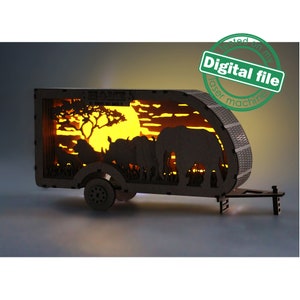 DXF, SVG-bestanden Lightbox Camper Africa, African Big Five, nachtlampje, olifant, neushoorn, buffel, leeuw, luipaard, aanhangwagen, materiaaldikte 3 mm