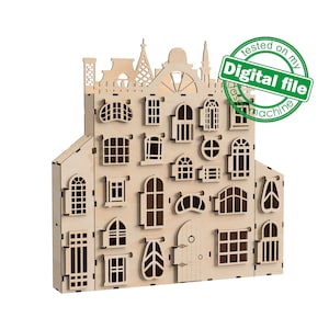 DXF, SVG-Datei für Laser-Adventskalender 20 oder 24 verschiedene Fenster, Fensterläden, Fabelhaftes Haus, Materialstärke 3,2 mm (1/8 Zoll)