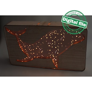 Arquivos DXF, SVG para caixa de luz Sky Whale, Starry Sky, decoração de berçário, padrão de madeira gravada, compensado flexível, arquivo pronto para Glowforge