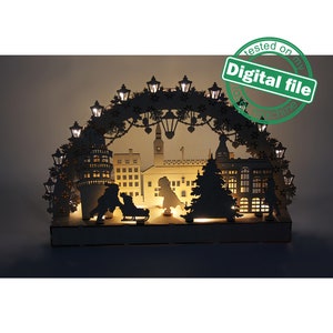 DXF-bestand voor laser grote houten decoratie elektrisch verlichte lichtboog, houten schfibbogen, middelpunt, oplichtende kerst, SVG, pdf