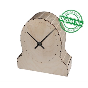 DXF, SVG-bestanden voor laser Unieke moderne schoorsteenmantelklok, flexibel multiplex, Glowforge klaar, Gegraveerde wijzerplaat, Materiaal 1/8'' (3,2 mm)