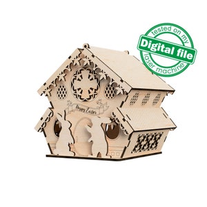 DXF, file SVG per laser Easter Bunny Candy House, Casa con tetto apribile, Progetto vettoriale, Glowforge, Spessore materiale 1/8 pollici (3,2 mm)