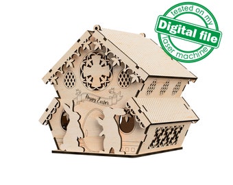 DXF, SVG files for laser Easter Bunny Candy House, House with opening roof, Vector project, Glowforge, Material thickness 1/8 inch (3.2 mm)