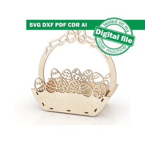 DXF, fichiers SVG pour panier de Pâques laser avec œufs sculptés et noeud, projet vectoriel, Glowforge, épaisseur du matériau 3,2 mm (1/8 po.)