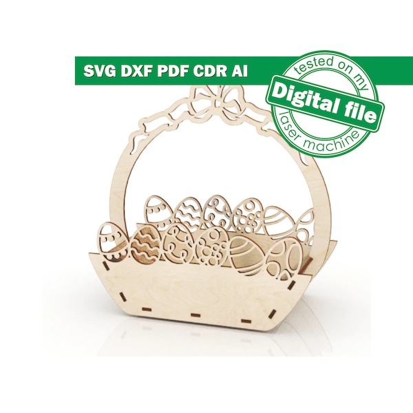DXF, SVG files for laser Easter basket with carved eggs and bow, Vector project, Glowforge, Material thickness 1/8 inch (3.2 mm)