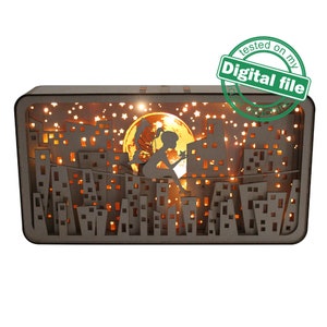 DXF, SVG-bestanden voor laser Shadow Box Night skyline van de stad, fairy meisje op draden, vallende ster, Glowing Moon, Glowforge, Materiaal 1/8'' (3,2 mm)