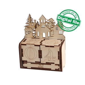 Plik DXF, SVG do laserowego drewnianego kalendarza adwentowego Wioska, kalendarz wieczny, odliczanie do świąt Bożego Narodzenia, sklejka lub płyta MDF 3,2 mm