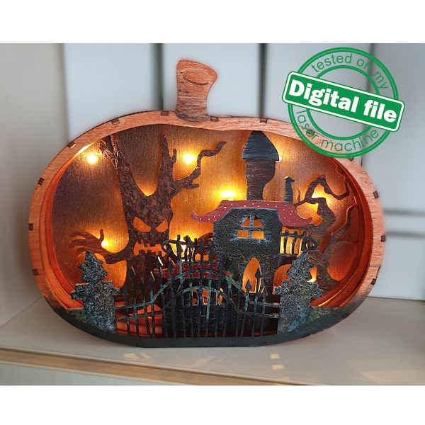 Archivos DXF y SVG para caja de luz láser: Calabaza de Halloween, Árboles aterradores, Cementerio, Castillo antiguo, Glowforge. Grosor del material: 3,2 mm (1/8 de pulgada).