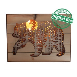 Pliki DXF, SVG dla 3D Laser Cut Large Wood Shadow Box, wielowarstwowe rzeźby z drewna, Las, Niedźwiedź, Księżyc, Sklejka/Drewno/MDF 3 mm