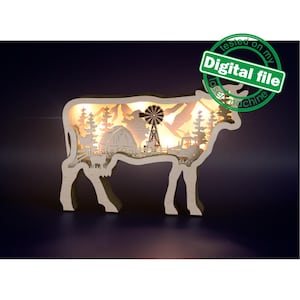 Arquivos DXF, SVG para animais de fazenda de caixa de luz laser, vaca, trator, moinho de vento, celeiro, galinha, galo, montanhas, floresta, padrão de ornamento em camadas