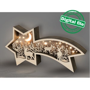 File DXF, SVG per laser Famiglia di cervi nella foresta, Scatola luminosa in legno a strati, Scatola delle ombre, Stella di Betlemme, Natale, Decorazione invernale