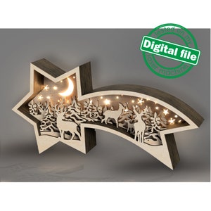 DXF, SVG files for laser Family deer in the forest, Layered wooden light box, Shadow box, Star of Bethlehem, Christmas, Winter decoration