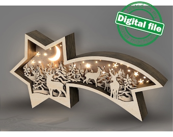 DXF, SVG files for laser Family deer in the forest, Layered wooden light box, Shadow box, Star of Bethlehem, Christmas, Winter decoration