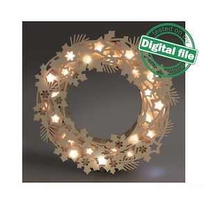 DXF, SVG bestanden voor laser Light-Up Kerstkrans met kerst ornamenten, Led strip, Glowforge, Materiaal dikte 1/8 inch (3.2 mm)