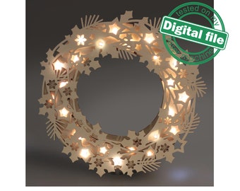 DXF, SVG files for laser Light-Up Christmas wreath with Christmas ornaments, Led strip, Glowforge, Material thickness 1/8 inch (3.2 mm)