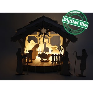 Plik DXF, SVG dla laserowej sceny bożonarodzeniowej z oświetleniem LED, Dzieciątkiem Jezus, Deva Maria, Trzema Królami, Betlejem, podświetlaną podstawą podium