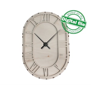 DXF, SVG-bestanden voor laser Unieke moderne ovale wandklok, flexibel multiplex, Glowforge klaar, wijzerplaat met Romeinse wijzerplaat, Materiaal 1/8'' (3,2 mm)