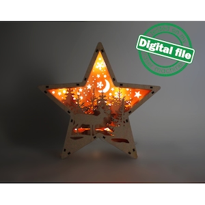 File DXF, SVG per laser Winter Wonderland Deer Star Shadow Box, Ornamento luminoso, Glowforge, Spessore del materiale 1/8 di pollice (3,2 mm) o 4 mm