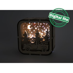 DXF, SVG-bestanden voor laser Kleine schattige kerstlichtbak in de geschenkdoos, Retro Vintage vrachtwagen, Glowforge, Materiaaldikte 1/8 inch (3,2 mm)