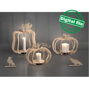 DXF, SVG files for laser Wooden Pumpkin Lanterns, Fall Decoration, Harvest 3D Puzzle, 3 Different Design, Crows, Halloween, Thanksgiving Day