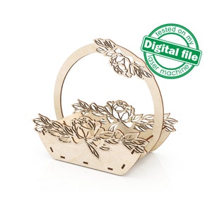 DXF, SVG-bestanden voor laser Huwelijkscadeaumand met pioenrozen, kratdoos caddy voor wijn, champagne, bloemen, snacks, mr&mrs, Glowforge klaar