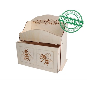 Archivos DXF, SVG para láser Caja de almacenamiento de escritorio con cajón Abeja real, rama de laurel, Organizador, Dos espesores de material diferentes 3,2 / 6,4 mm