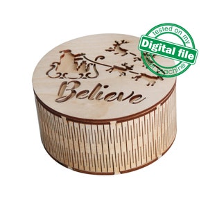 DXF, SVG bestanden voor laser Box Believe, Christmas Gift, Candy Box, Vliegende rendieren, Kerstman, Noordpool post