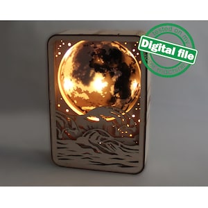 DXF, SVG-bestanden voor lightboxgolven, gegraveerde maan, gloeiende maan, meerlagige houten sculpturen, flexibel multiplex, Glowforge-ready bestand