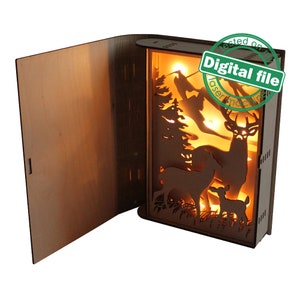 Caixa de luz Livro Família de cervos, silhueta de montanha, projetos vetoriais para corte a laser, arquivos svg, esculturas multicamadas, decoração de Natal