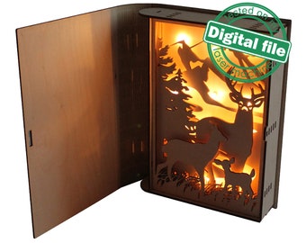 Light box Book Deer family, Mountain silhouette, Vector projects for laser cutting, svg Files, Multilayered Sculptures, Christmas decor