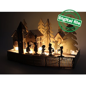 DXF, file SVG per laser Woodland Winter Christmas Decoration, Light-up podium base, Christmas Carols, Village, Houses, Children singing