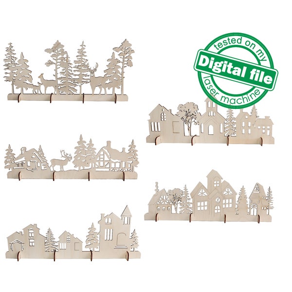 DXF, SVG files for laser Christmas Decoration, Village, Old town, Church, Deer, Winter forest, 5 Designs, Material thickness 3.2 / 6.4 mm