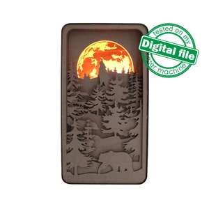 DXF, SVG bestanden voor Light Box Howling Wolf, Gegraveerde Maan, Gloeiende maan, Meerlagige Houten Sculpturen, flexibele multiplex, Glowforge ready bestand