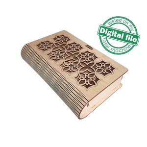 Arquivos DXF, SVG para caixa de livro de presente a laser Dobradiça viva, compensado flexível, padrão retrô perfurado, Glowforge, material 1/8'' (3,2 mm)