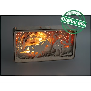 DXF, SVG bestanden voor Light Box Mountain landschap, wilde paarden, bos, Gegraveerde Maan, Gloeiende maan, flexibele multiplex, Glowforge klaar bestand