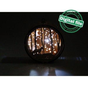 DXF, fichiers SVG pour boîte cadeau laser et ornement de Noël 3D lumineux, motif d’ornement multicouche, ciel étoilé, forêt d’hiver, renard