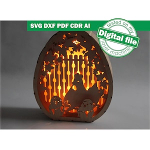 DXF, SVG Dateien für Laser Light Box Happy Easter Henne und Hühner, Vektor projekte, Glowforge, Materialstärke 3,2 mm