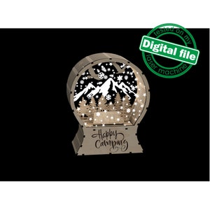 DXF, SVG-bestanden voor laser Light Up Snow Globe Happy Camping, bos, aanhangwagen, gegraveerd acrylglas, met sneeuw bedekte bergen, kerstdecor