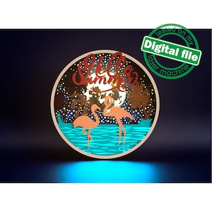 DXF-, SVG-Dateien für das Schneiden von Türschild, Flamingo, Palme, leuchtender Mond, Ozean, Leuchtschild