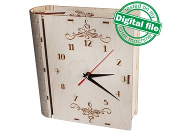 DXF, SVG files for laser Unique Modern book clock, flexible plywood,Engraved clock face, Glowforge ready, Material 1/8'' (3.2 mm)