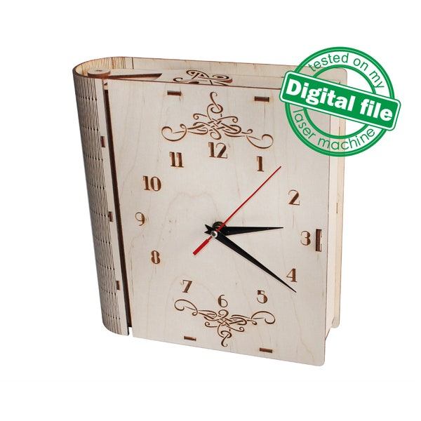 DXF, SVG files for laser Unique Modern book clock, flexible plywood,Engraved clock face, Glowforge ready, Material 1/8'' (3.2 mm)