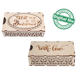 Arquivos DXF, SVG para caixa de presente de chocolate de casamento a laser Você será minha dama de honra, Dois designs diferentes, Espessura do material 1/8 polegada (3,2 mm)