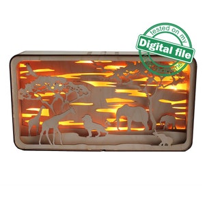 DXF, file SVG Light box Africa, Giraffa, elefante, leone, baobab, compensato flessibile, file pronto Glowforge, Spessore materiale 3.2 mm