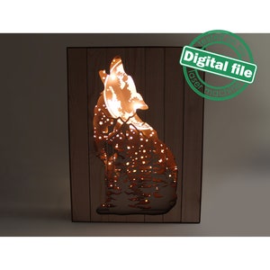 DXF, fichiers SVG pour 3D Laser Cut Large Wood Shadow Box, Sculptures en bois multicouches, Forêt, Loup hurlant, Contreplaqué / Bois 3 mm