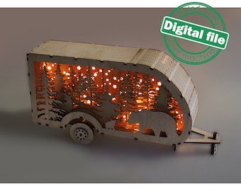 DXF, SVG files for laser Light Box Travel Trailer, Deer, Bear, Forest, Mountain silhouette, Glowforge, Material thickness 1/8 inch (3.2 mm)